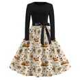 thumbnail image 2 of Halloween Dresses for Women Castle Bat Long Sleeve Cocktail Hepburn Cute Dress Crew Neck 1950s Retro Vintage Dresses with Belt L, 2 of 6