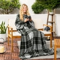 thumbnail image 6 of PAVILIA Plaid Grey Fleece Wearable Blanket with Sleeves for Adults Women Men, Soft Warm Full Body Wrap Throw, Sweatshirt Pocket, Cozy Pullover Robe Blanket with Arm, Gifts for Christmas Mom Wife, 6 of 9