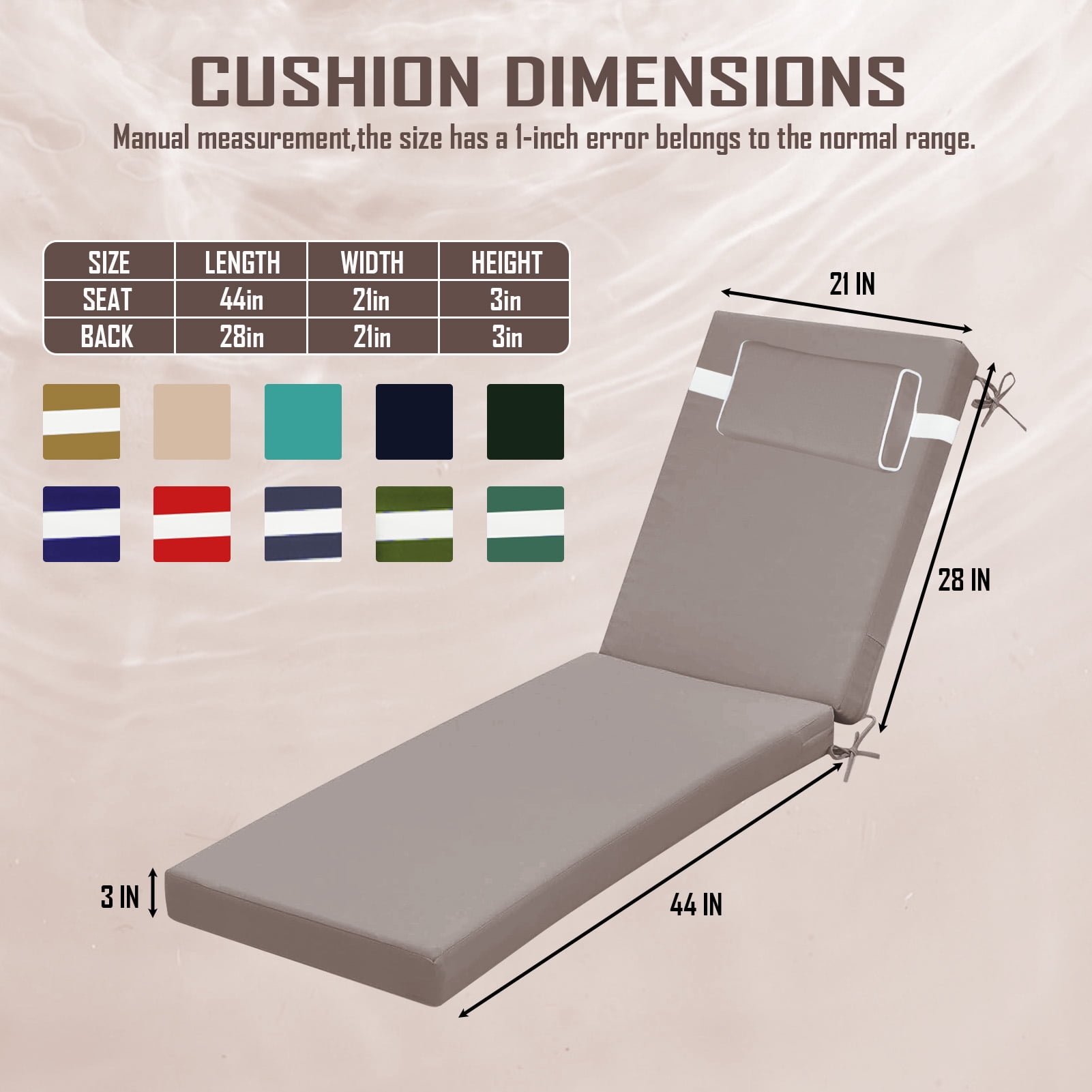 Outdoor Chaise Lounge Cushion with Adjustable Headrest and Straps