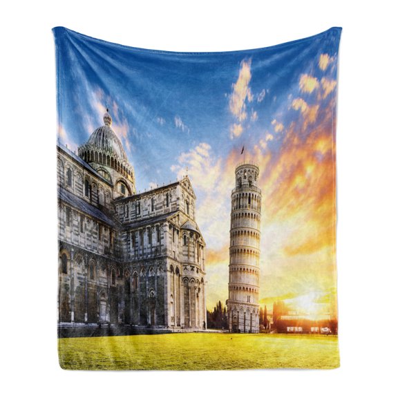 Italy Soft Flannel Fleece Blanket, Place of Miracoli Complex with the Leaning Tower of Pisa in Front Tourist Attraction, Cozy Plush for Indoor and Outdoor Use, 60" x 80", Multicolor, by Ambesonne