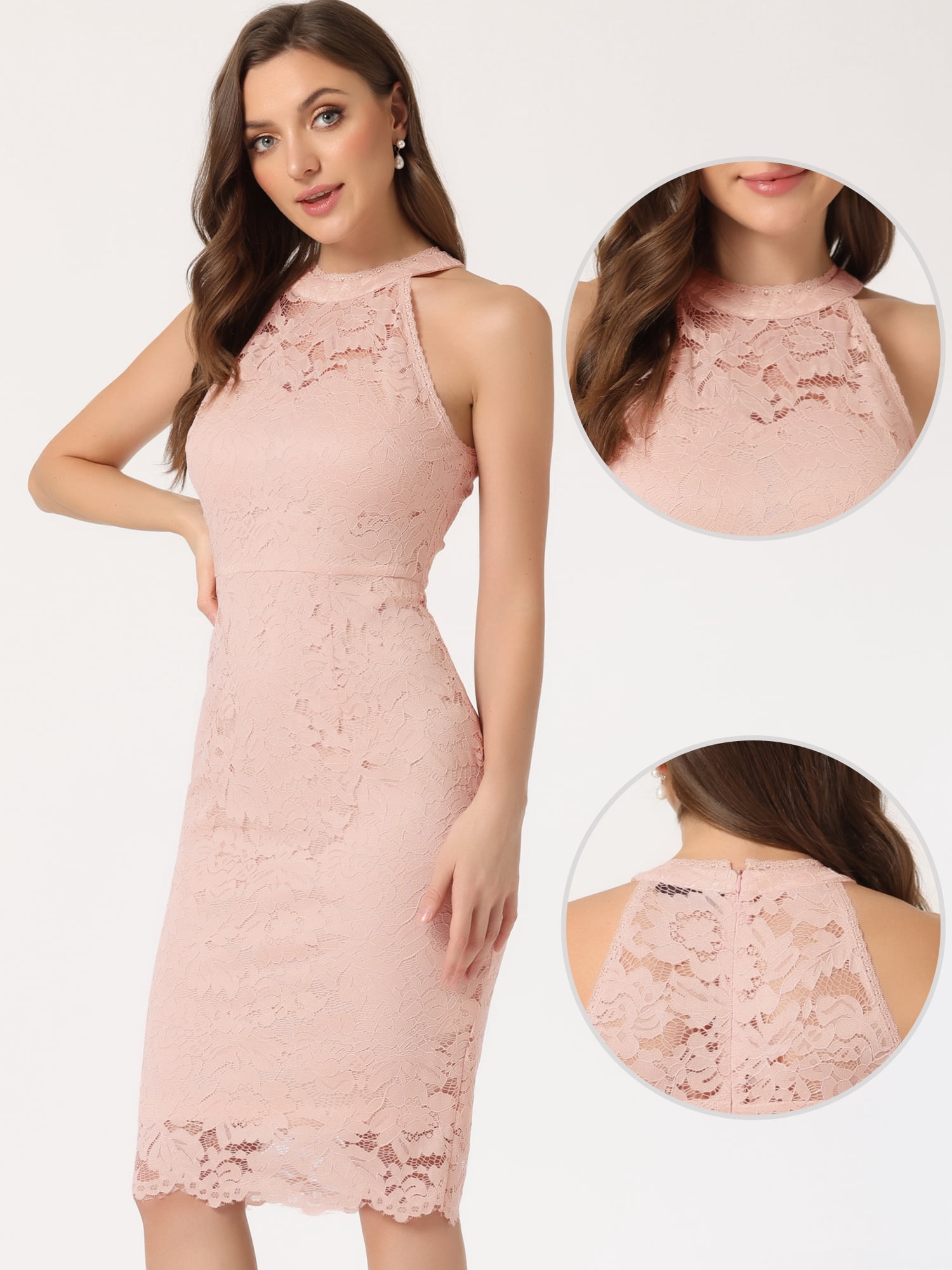 DARING DIVA Lace Halter Neck Sleeveless Bodycon Cocktail Sheath Dress XS Light Pink