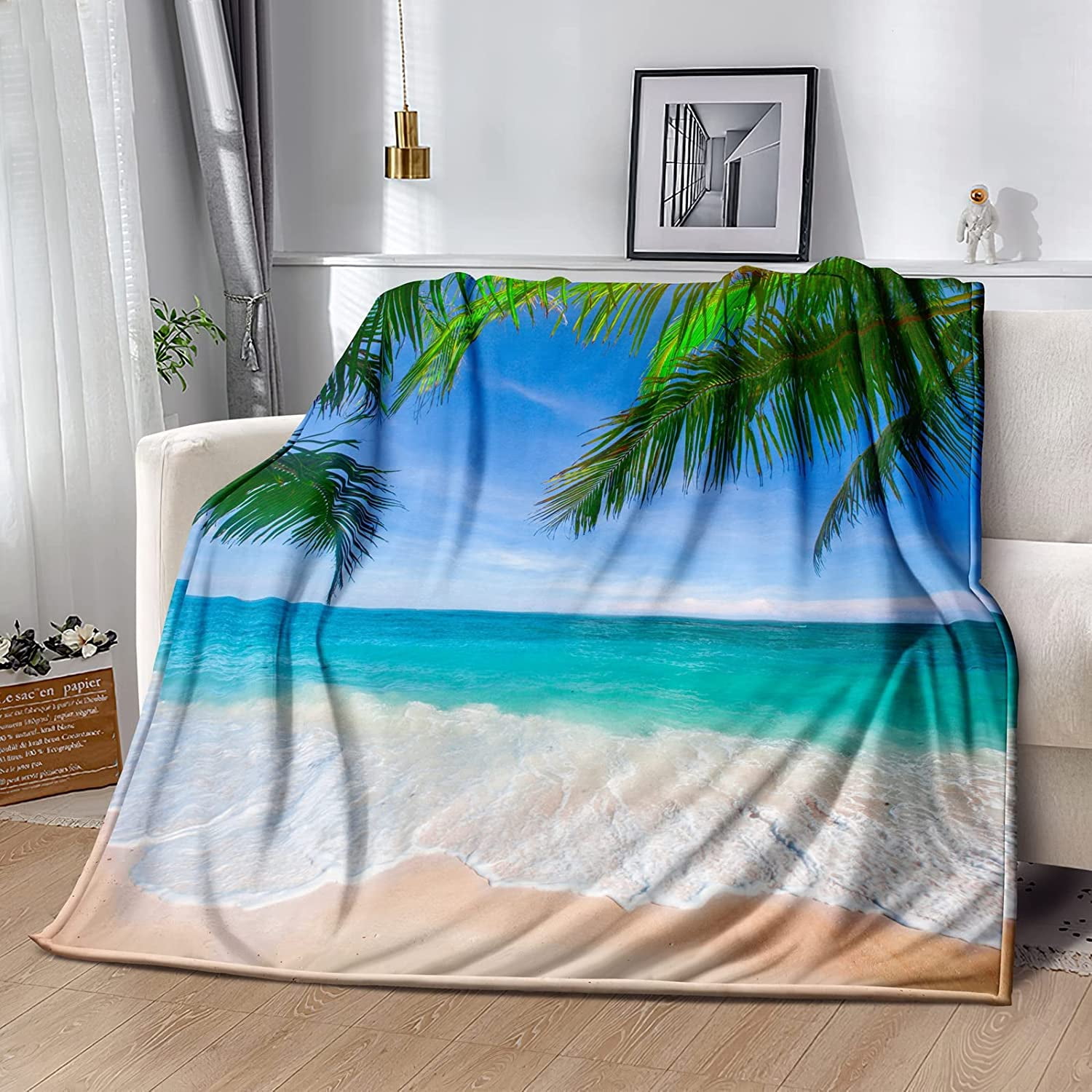 Ocean Beach Flannels Blanket,Tropical Palm Tree Hawaii Ocean Throw Blanket Super Soft Sunshine Beach Coastal Nature Themed Four Seasons Blanket(Ocean Blankets 3003-80"x60")