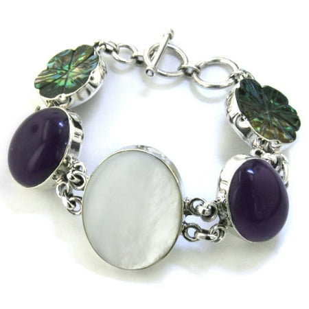 Abalone Bracelet (Carved Abalone Flowers with Genuine Amethyst and Mother of Pearl Sterling Silver 27g Toggle)