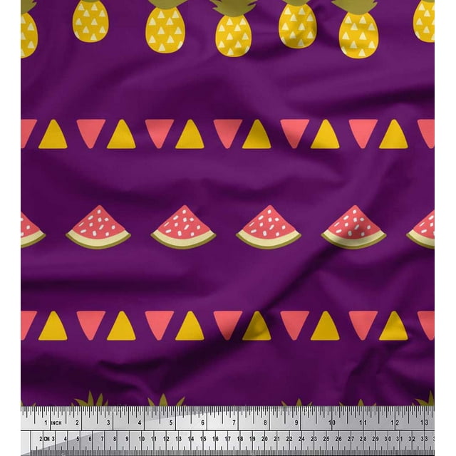 Triangle de Tissu de Georgette de Poly Violet Pomme, Pin & Pastèque Fruits Imprime par Yard 42 Pouces de Large