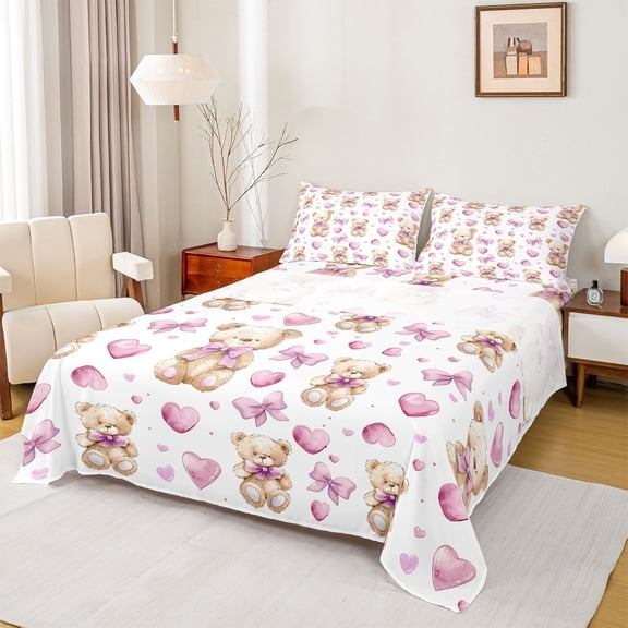 Homewish Girl Pink Bow Twin Sheet Sets,Brown Toy Bear Twin Fitted Sheet,Watercolor Heart Print Flat Sheet For Girls Kids,Microfiber Bedroom Decor,3pcs