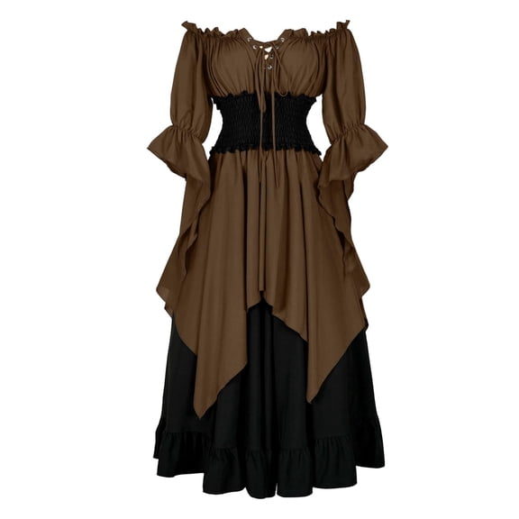 Guieoi Women's Gothic Patchwork Lace-Up Long-Sleeve Dress Dark Black Dress Spliced Costumes Dresses Brown S