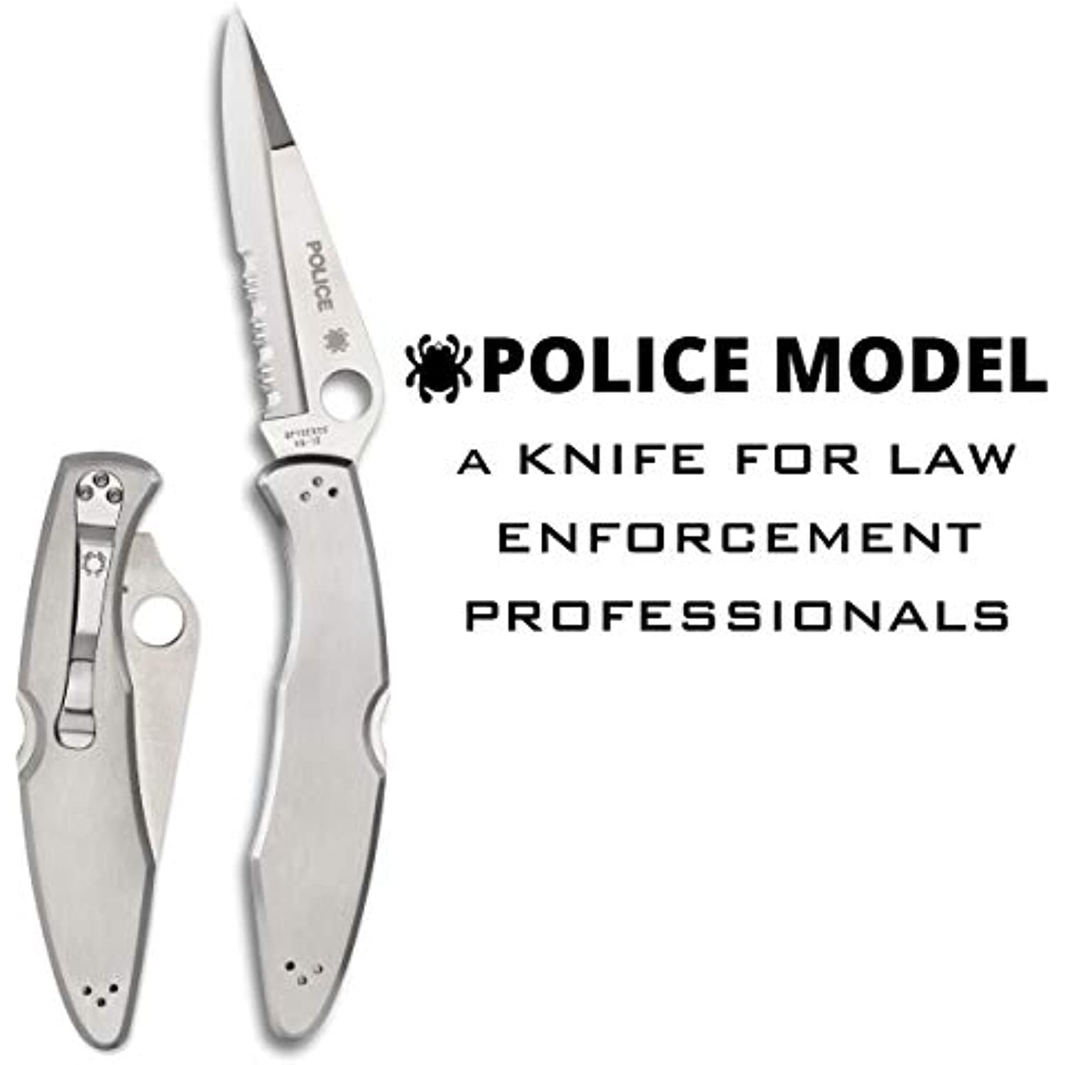Spyderco Police Folding Knife 4-1/8" VG10 Combo Blade, Stainless Steel Handles, Lockback - C07PS