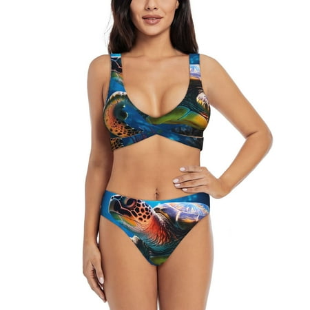 Zeuib Ice Blue Ocean Sea Turtle High Waisted Tummy Control Bikini Set - Knot Front Push Up Top & Cheeky Thong Bottom  Two-Piece Swimsuit for Women-Large