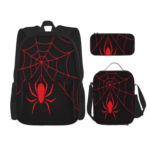 Disketp Red Spider Mochila Estampada de Gran Capacidad con Lonchera y Estuche, Set de 3 Piezas para Estudiantes
