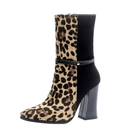 

Tepsmf Mid Calf Womens Winter Boots Leopard Print High-heeled Boots In Autumn And Winter Pointed Toe Fashion Large Size Boots Women s Boots