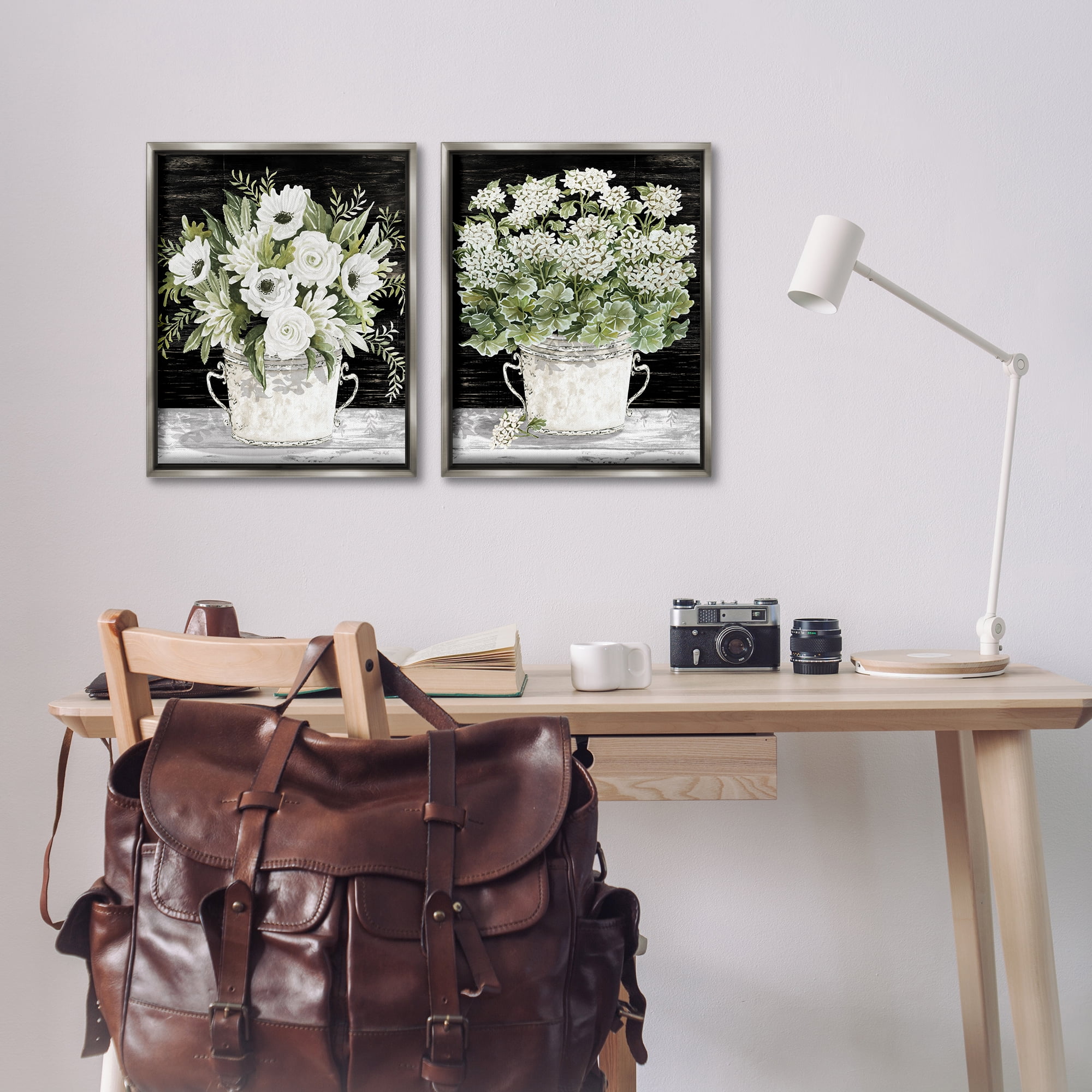 Stupell Industries Country Tins of Flowers Floral & Botanical Painting Gray Floater Framed Canvas Art Print Wall Art, 17 x 21, Set of 2