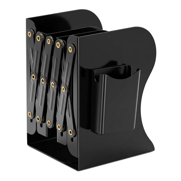 Metal Bookends for Shelves – Adjustable Book Ends Scalable with Pen Holder, Heavy Duty Bookend for Books, Black