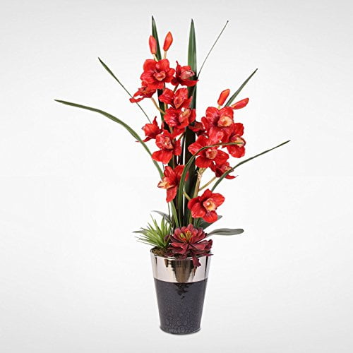 Cymbidium Silk Orchids With Succulents In A Ceramic Pot