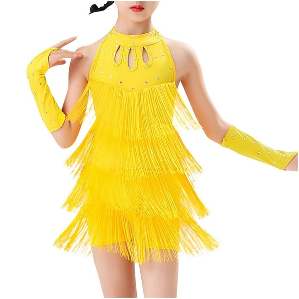 Odeerbi 2-8 Años Niñas Flecos Vestido de Baile Latino Con Sobremanga Conjunto Escenario Rendimiento Trajes de Baile Mono de Práctica Falda Con Borlas