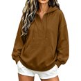 thumbnail image 3 of Feancey Women's Quarter Button Hoodie Sweatshirt Long Sleeve Drawstring Oversized Hoodies Lightweight Loose Fit Long Sleeve Hooded Pullover Tops with Kangaroo Pocket Coffee S, 3 of 9