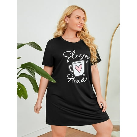 

Women s Plus Heart Letter Graphic Nightdress 1XL(14) Black Cute F22001D