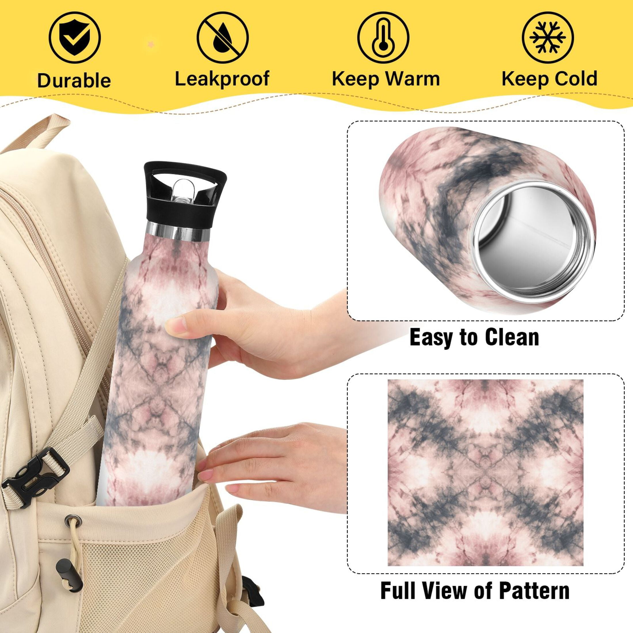 Kids Insulated Stainless Steel Sports Water Bottle 600ml (20oz) Soft Pink Tie-dye Pattern