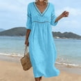 thumbnail image 2 of VBVC Women's Cotton Linen V Neck Midi Dress , Ladies' Hollow Out 3/4 Sleeve Swing Tunic , Casual Summer Beach Vacation Dresses For Women,Blue,XS-5XL, 2 of 9