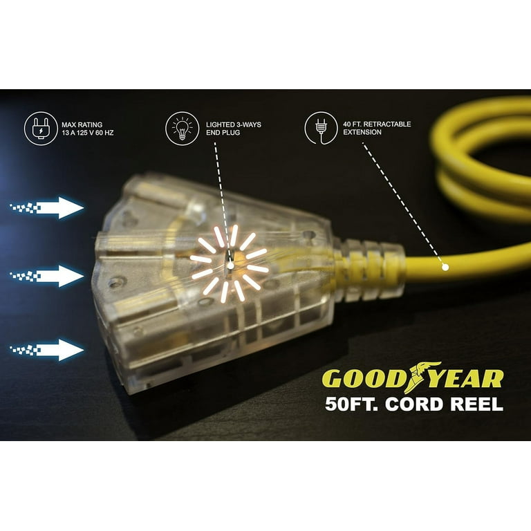 Goodyear Extension Cord Reel Retractable 16AWG x 50' Foot 3C/SJTOW  Commercial Cable LED Triple Tap Connector Power 10A 125VAC 938W