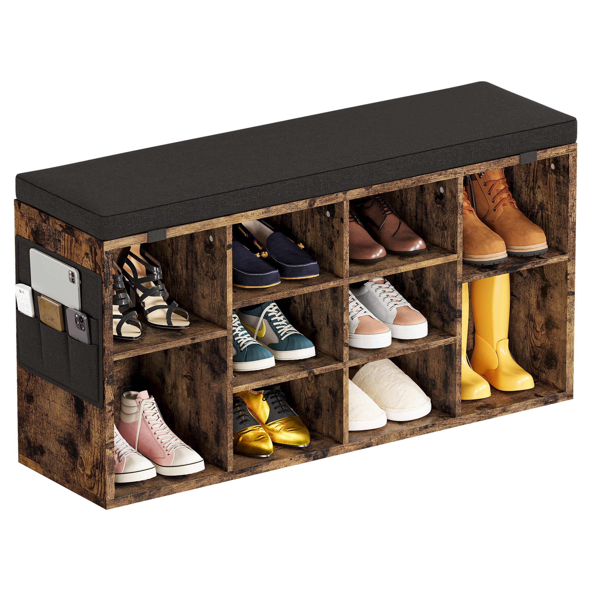 Accreate 41 Inch Shoe Storage Bench with Cushion and Side Pocket – 10 Cubbies Shoe Rack with Adjustable Shelves, Retro color