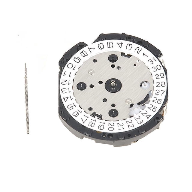 watch quartz movement for vd53 vd53c movements repair tool crown at 3 silver metal watch movement with numbered date wheel, central pinion and black plastic base, front-facing close-up; separate steel stem at left, suitable as a spare to ease movement replacement.