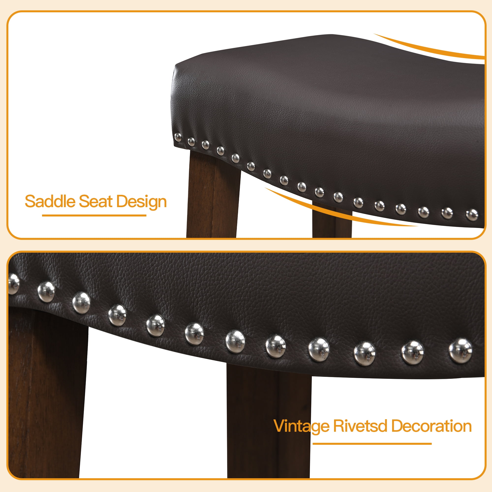 26 Inch Bar Stools Set of 2 Leather Counter Height Kitchen Stools Curved Backless Saddle Barstools for Kitchen Island, Brown