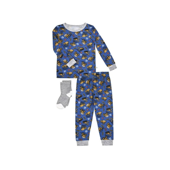 Sleep On It Toddler Boys 2-Piece Super Soft Jersey Snug-Fit Pajama Set with Matching Socks - Construction Trucks - Blue & Yellow, 4T