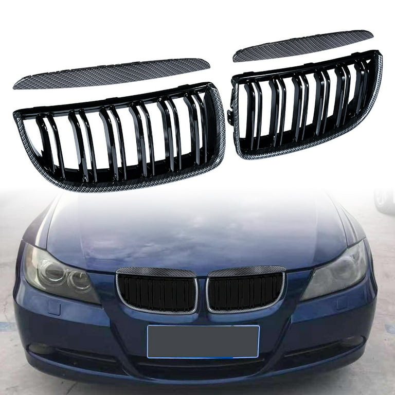 Glossy Black Dual Slats Kidney Grille Carbon Fiber Trim For 2005-2008 BMW  E90 E91 323i 325xi 328i 328xi 330i 335i 335xi 4DR Pre-LCI 