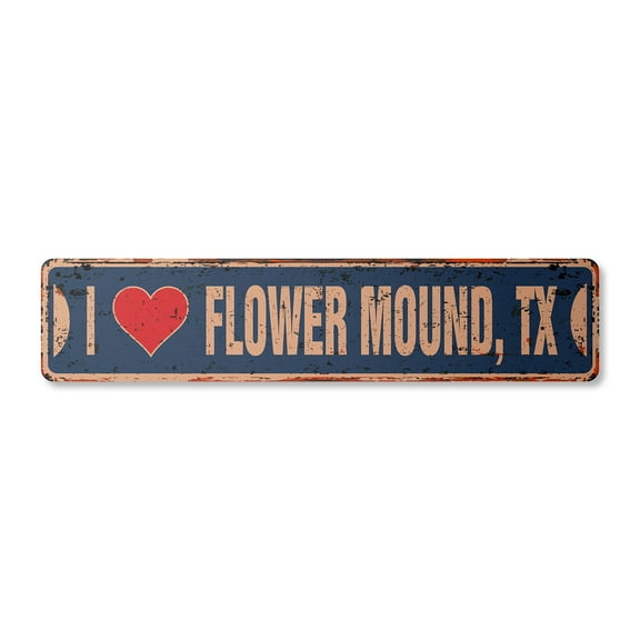 I LOVE FLOWER MOUND TEXAS Vintage Aluminum Street Sign tx city state us wall road décor rustic metal tin gift | Indoor/Outdoor | 30" Wide