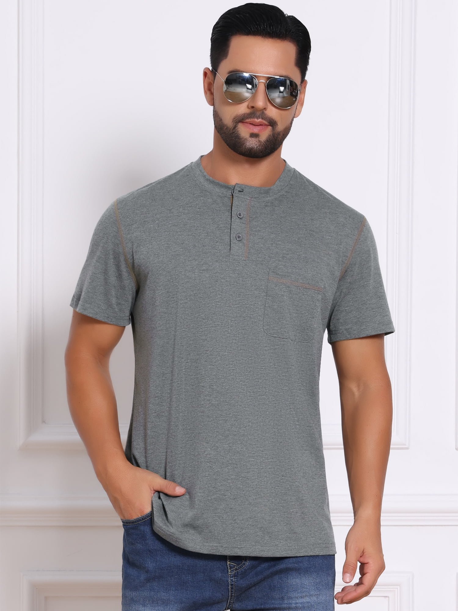 DARING DIVA Men's Henley Crew Neck Short Sleeve Button Down T-Shirt S Gray