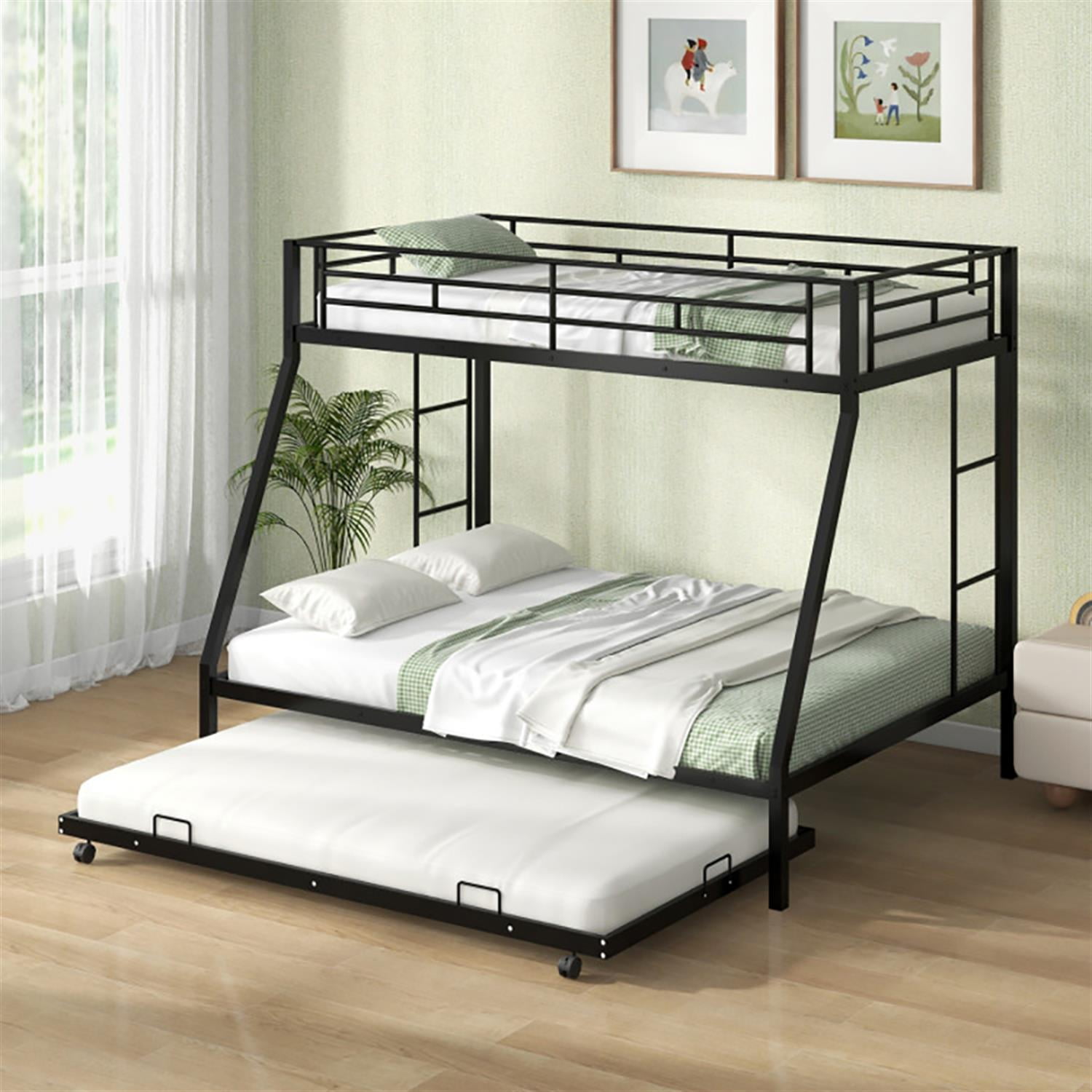 Demi Bonn Twin Pull-Out Bunk Beds with Ladder in the Steps and a Trundle for Guest Room, Full Convertible Bunk Bed Platform, Black