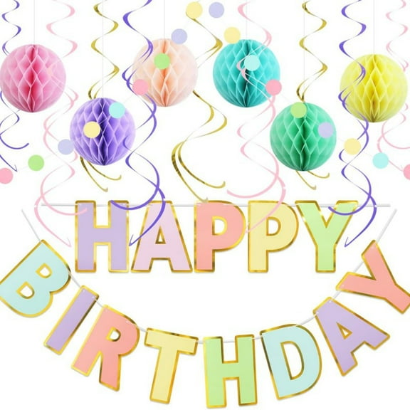Pastel  Birthday Decorations Kit - 17-Piece Set with Pre-Strung Happy Birthday Banner, Honeycomb Balls, Garland & Swirls | Macaron Theme Party Supplies for Women Girls Kids, Teens Adults