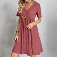 thumbnail image 2 of Edvintorg Summer Dresses for Women 2025 Vacation Fashion Solid Color V-Neck Loose Casual Pleated Dress Short Sleeve Beach Dress, 2 of 8