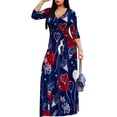 thumbnail image 2 of Women's V Neck 3/4 Sleeve African Floral Printed Party Loose Long Maxi Dress with Belt Chic Curvy Elegant Outwear Vestidos, 2 of 4