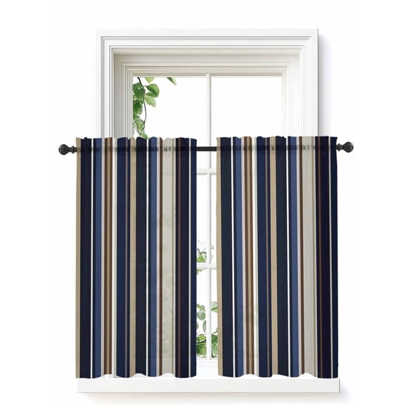 Blue and Brown Geometric Stripe Pattern Curtains 45 Inch Length, Sheer Curtains for Bedroom Living Room Window Rod Pocket Voile Drapes Kitchen Curtains Small Half Window 52"x45" 2 Panels