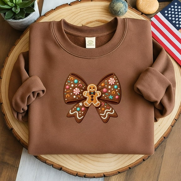 Embroidered Gingerbread Bow Sweatshirt - Christmas Coquette Gift