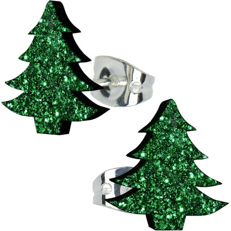 Body Candy Acrylic Green Glitter Christmas Tree Stud