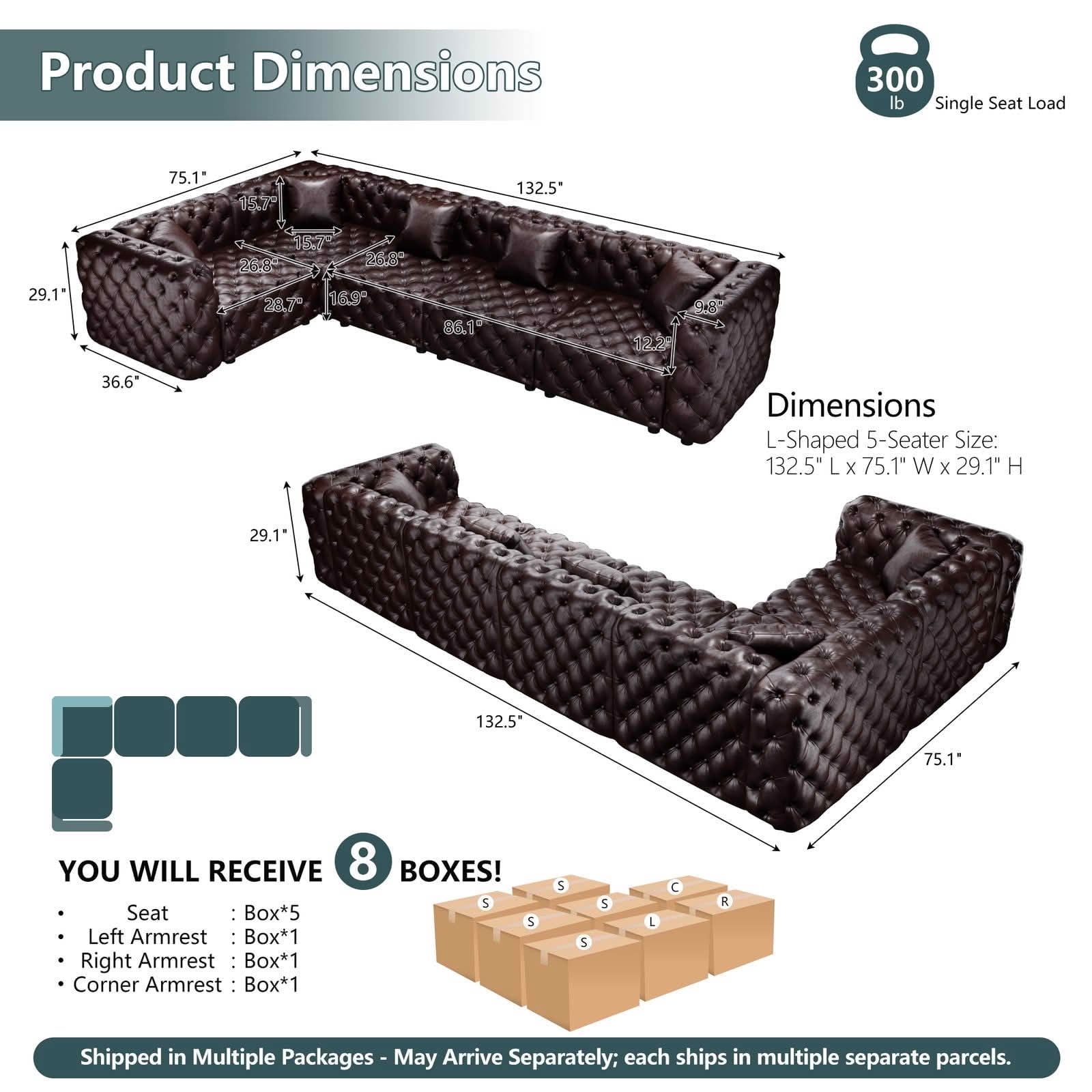 MAYEERTY 132.5" L‑Shaped 5‑Seat Faux‑Leather Modular Sofa, Handcrafted Button Tufted Couch with 5 Pillows for Living Room & Small Apartment
