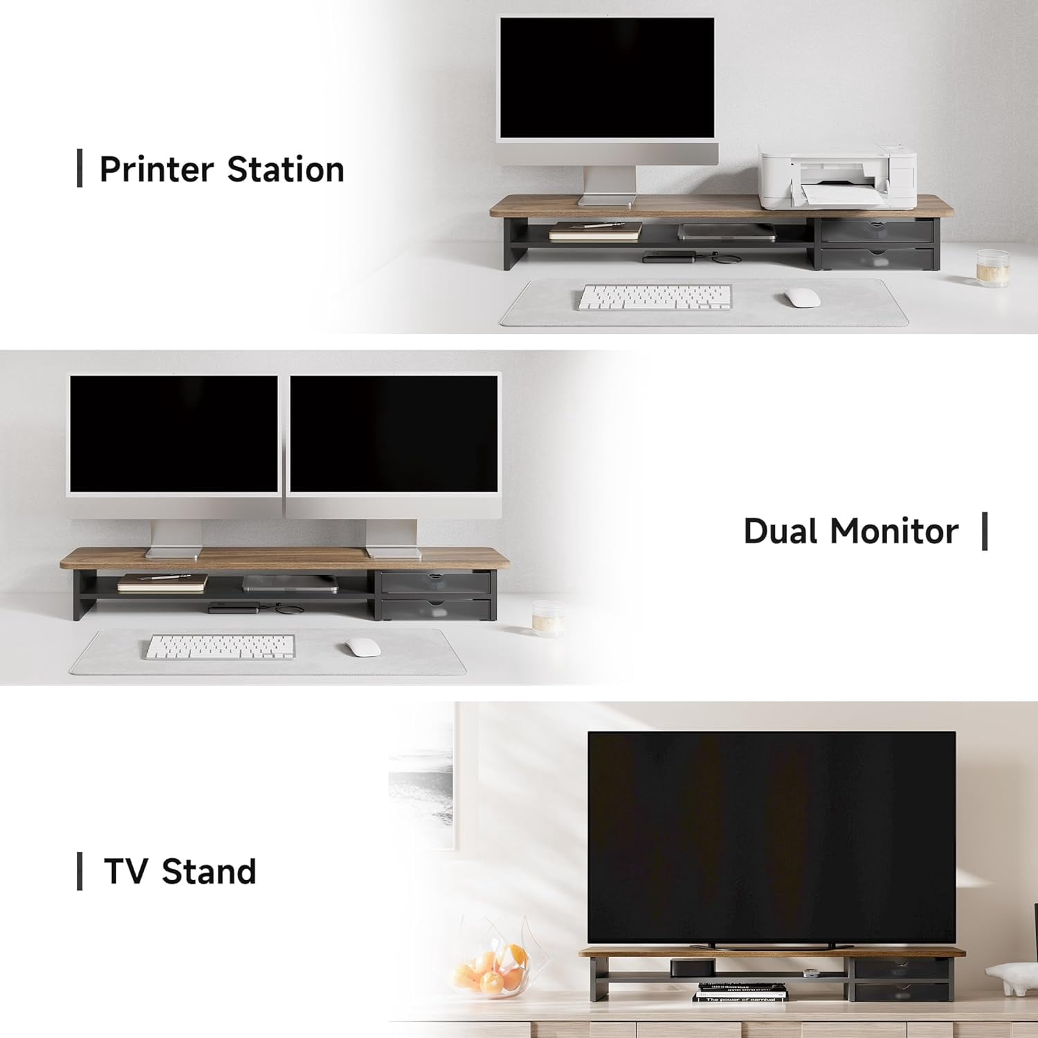 Monitor Stand, Dual Monitor Riser, 42.5inch Large Desk Computer Monitor Stand Riser with Drawer, 2 Tier Wood & Acrylic Desktop Organizer for Computer, Laptop, Printer, TV Screen Riser
