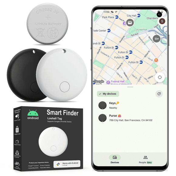 Loshall F08 Android Smart Tracker (2-Pack: 1 White + 1 Black) - Google Certified Bluetooth 5.2 Item Locator for Keys, Luggage & More, Works with "Find Device" App, IP67 Waterproof, Replaceable CR2032