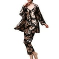 thumbnail image 2 of Previn Women's 3 Piece Pajamas Set Long Sleeve Robe Long Pants Satin Pj Set Summer Sleepwear Silky Cami Long Sleep Comfy Sleepwear Black Small, 2 of 4
