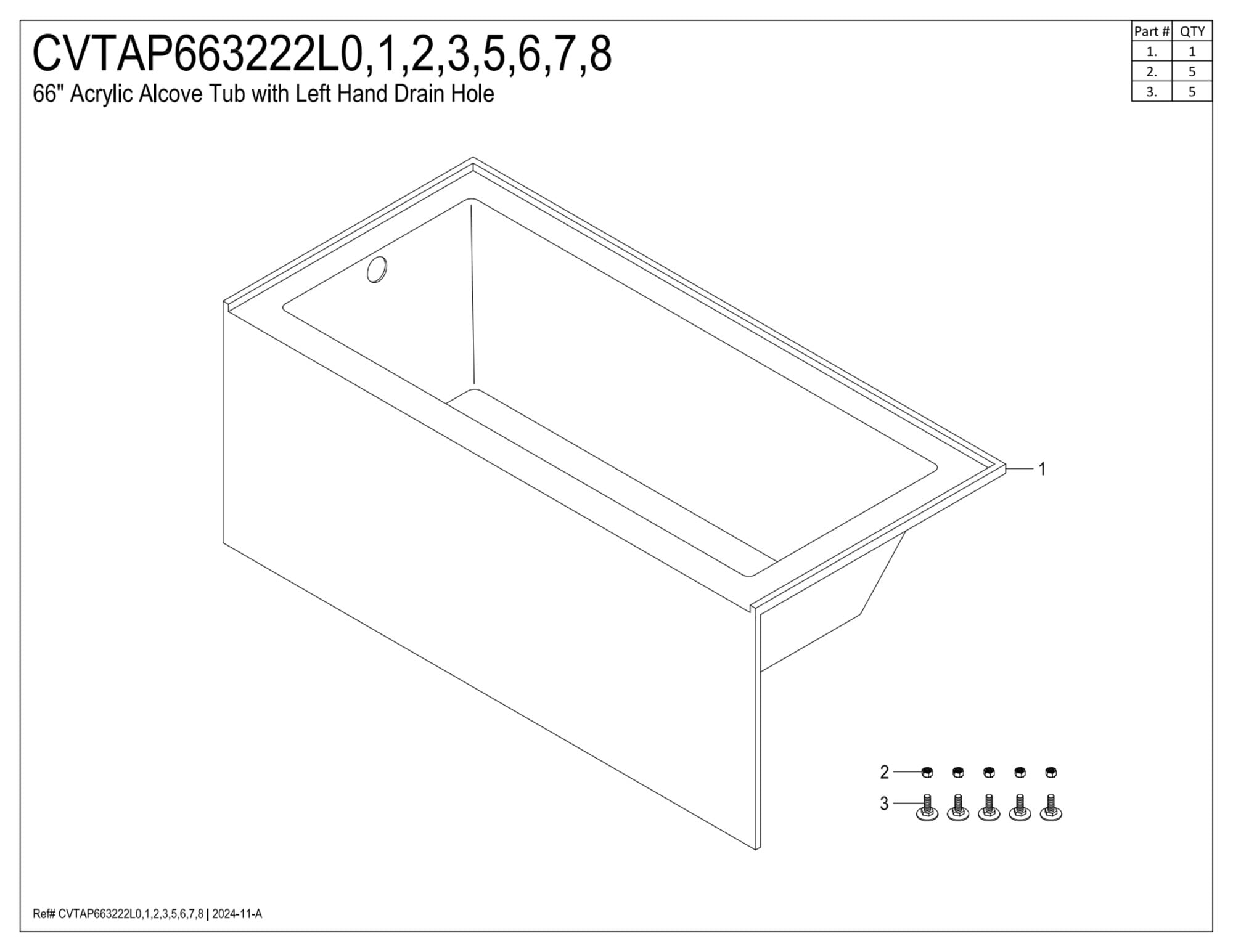 Aqua Eden CVTAP663222L0 66" Acrylic Rectangular 3-Wall Alcove Tub, Left Hand Drain, Glossy White/Matte Black