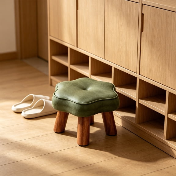geerera Small Solid Wood Footstool, PU Leather Padded Seat Low Stool, Compact Shoe Bench for Living Room Entryway, Sturdy Long-Lasting Home Decor