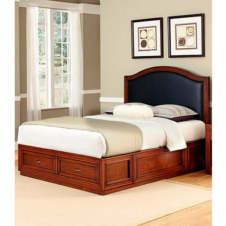 Home Styles Duet Platform Queen Camelback Bed with Black Leather Inset, Rustic Cherry