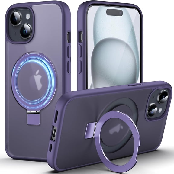 Mag-Stand Designed for iPhone 15 Case, 2023 Upgraded [All-in-1] [Compatible with MagSafe] Invisible Ring Kickstand Transparent Matte Phone Case Cover for iPhone 15 6.1 inch, Purple