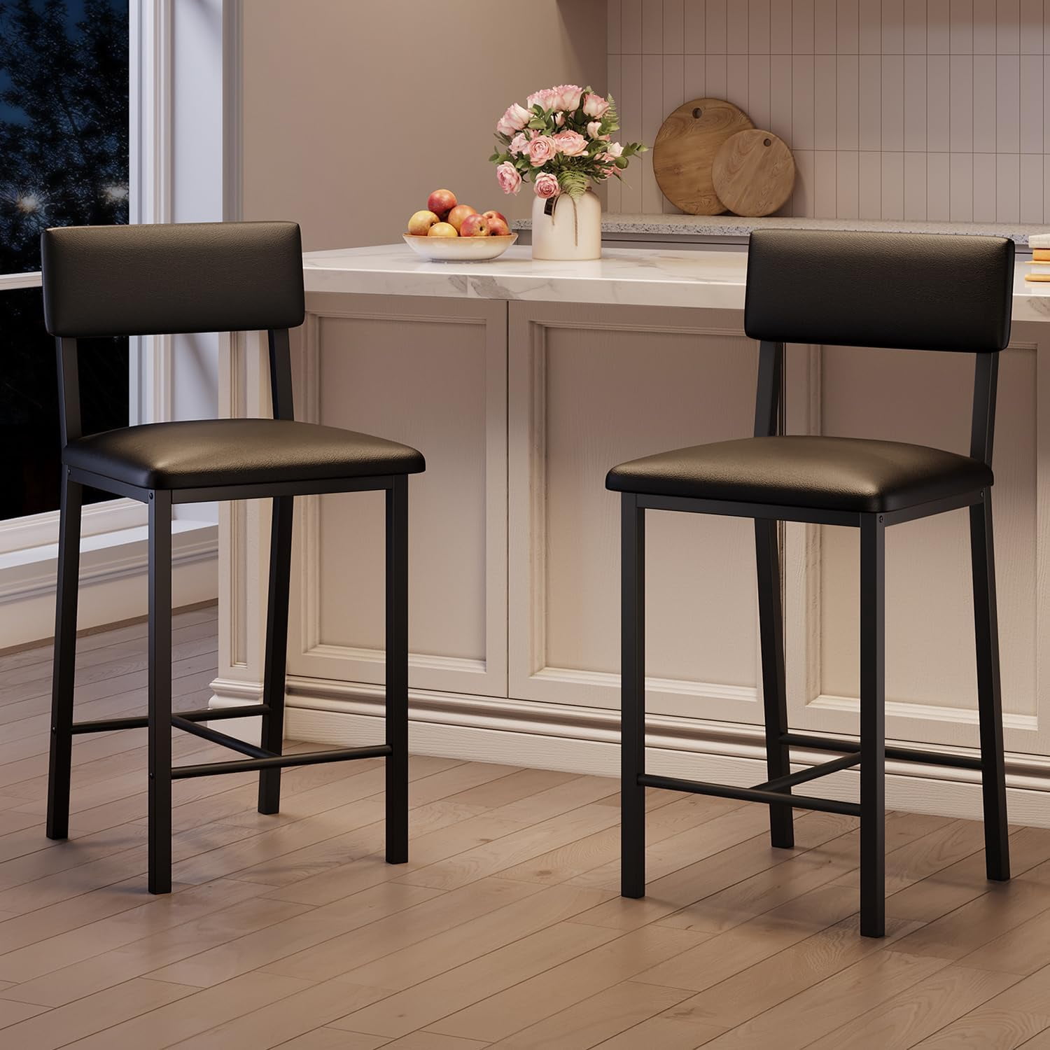 Set of 2 Counter Height Bar Stools - 400 lbs Heavy-Duty Metal Frame - Ergonomic PU Leather Upholstered Seat with Backrest & Footrest - Easy to Clean - Ideal for Kitchen Island, Home Bar, Dining