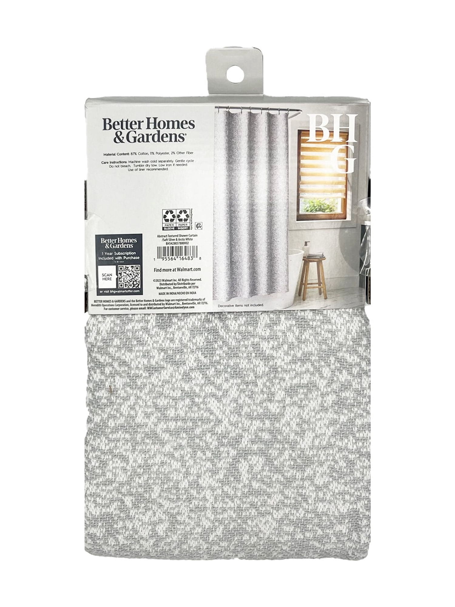 Better Homes & Gardens Tonal Textured Weave Shower Curtain – Silver Grey & White, 72" x 72" – Cotton Blend, Spa-Inspired Bathroom Décor