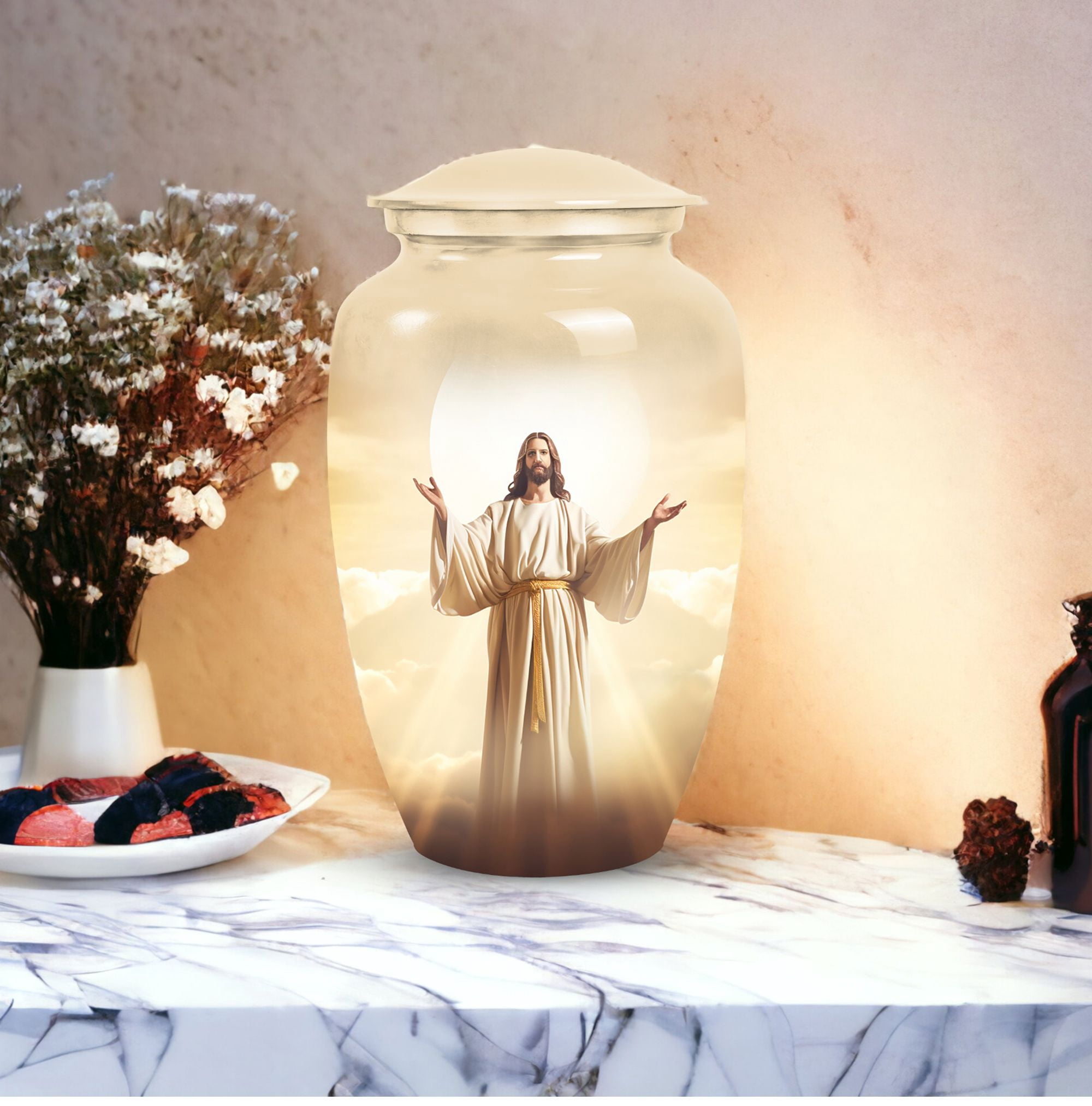 Jesus Christ Small Funeral Urns For Human Ashes Adult Female - Large Burial Urn For Ashes Adult Dad - Handcrafted Decorative Gifts For Unique Combo 10Inch 200Lbs And 3Inch Keepsake
