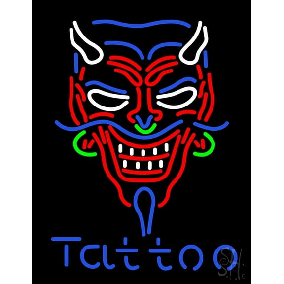 Devil Tattoo LED Neon Sign 15" Tall x 19" Wide - inches Black Square Cut Acrylic Backing, with Dimmer - Premium built indoor Sign for Storefront, Store interior, Workshop, Studio.