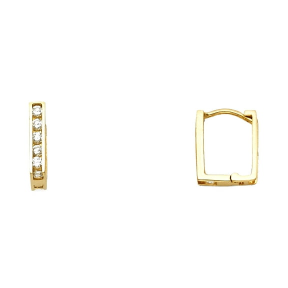 Solid 14k Yellow Gold Square Huggie Hoop Earrings Huggies CZ Stylish Pave Set Fancy Small Tiny 10 x 9 mm
